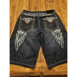 Delf Baggy Jean Shorts Mens 38 Y2K Embroidered Mall Goth Skater Grunge Graffiti